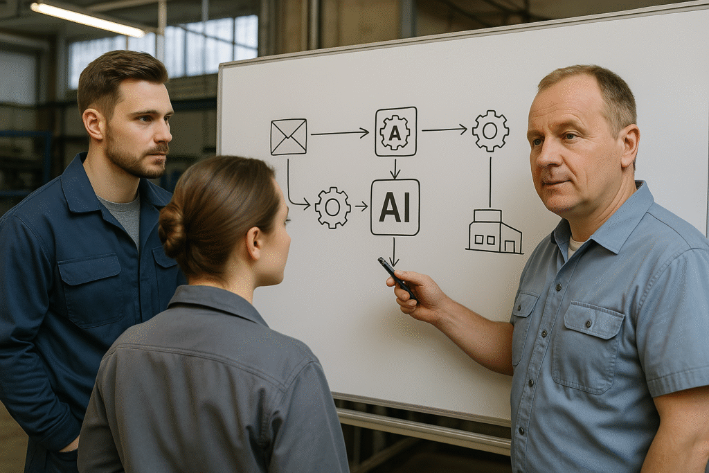 Pracownicy magazynu omawiają integrację ich systemu z AI